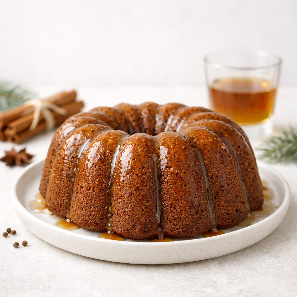 Bundt cake on a white plate with a glass of spiced rum and cinnamon sticks in the background.