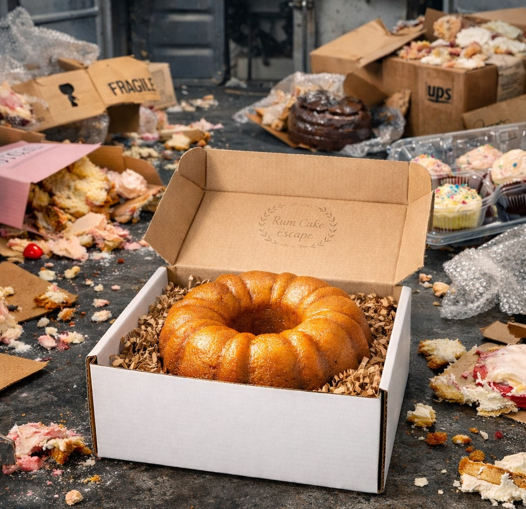 Rum cake in pristine shipping box surrounded by smashed desserts in courier truck