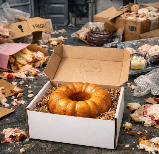 Rum cake in pristine shipping box surrounded by smashed desserts in courier truck