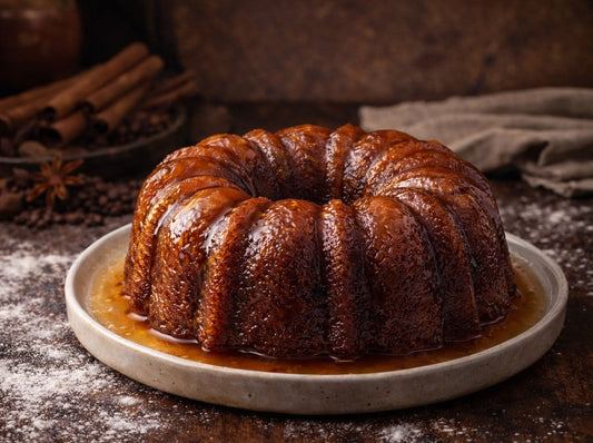 A traditional Rum Cake sitting on a plate. The background includes spices, cinnamon sticks and flour.