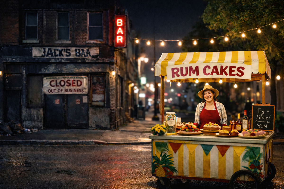 A street vendor selling rum cakes in front of a closed bar