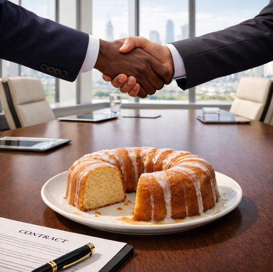 2 hands shaking at a business deal. On the table is a rum cake and a business contract.