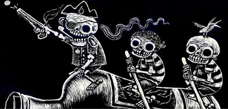 Grimm's of Galveston Hero Banner containing 3 skeleton pirates
